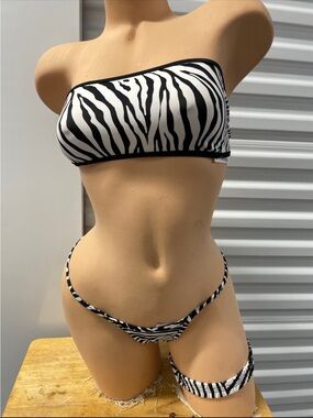 Zebra Print Bandeau Bikini Set - Black & White